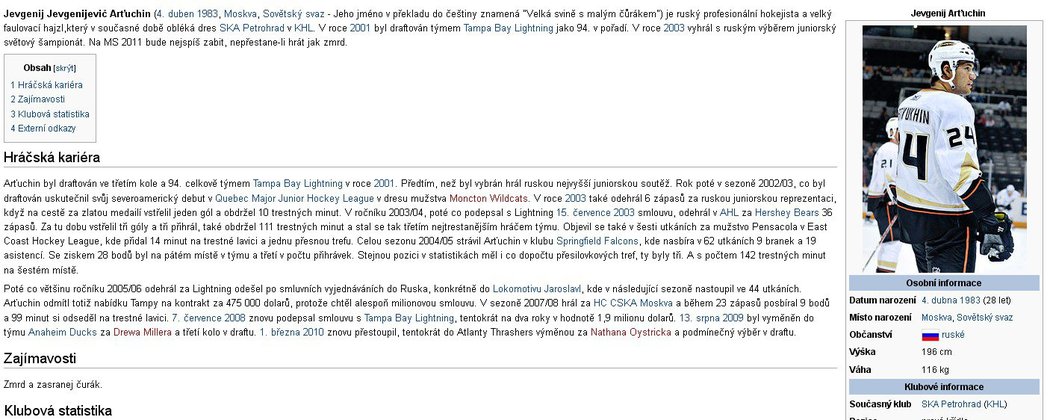 &#34;Vylepšený&#34; profil Jevgenije Arťuchina na české verzi Wikipedie