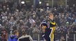 Jaromir Jagr greets fans after his last game for Kladno during the NHL lockout