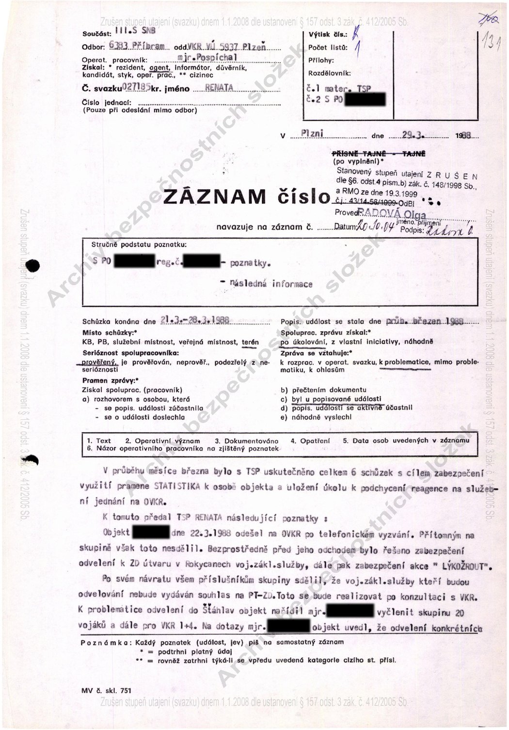 Během března 1988 proběhlo s agentem Renátou šest schůzek. Jejich hlavní téma? Zpracování pramene STATISTIKA.