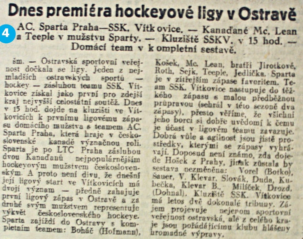 Takto vypadala v roce 1937 zpráva v novinách o startu „hockeyové ligy“. Úplně první zápas se 3. ledna 1937 odehrál v Ostravě. Vítkovice tehdy remizovaly se Spartou 1:1.