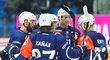 Plzeňští hokejisté se radují ze vstřelené branky v odvetném utkání osmifinále Ligy mistrů proti Bolzanu