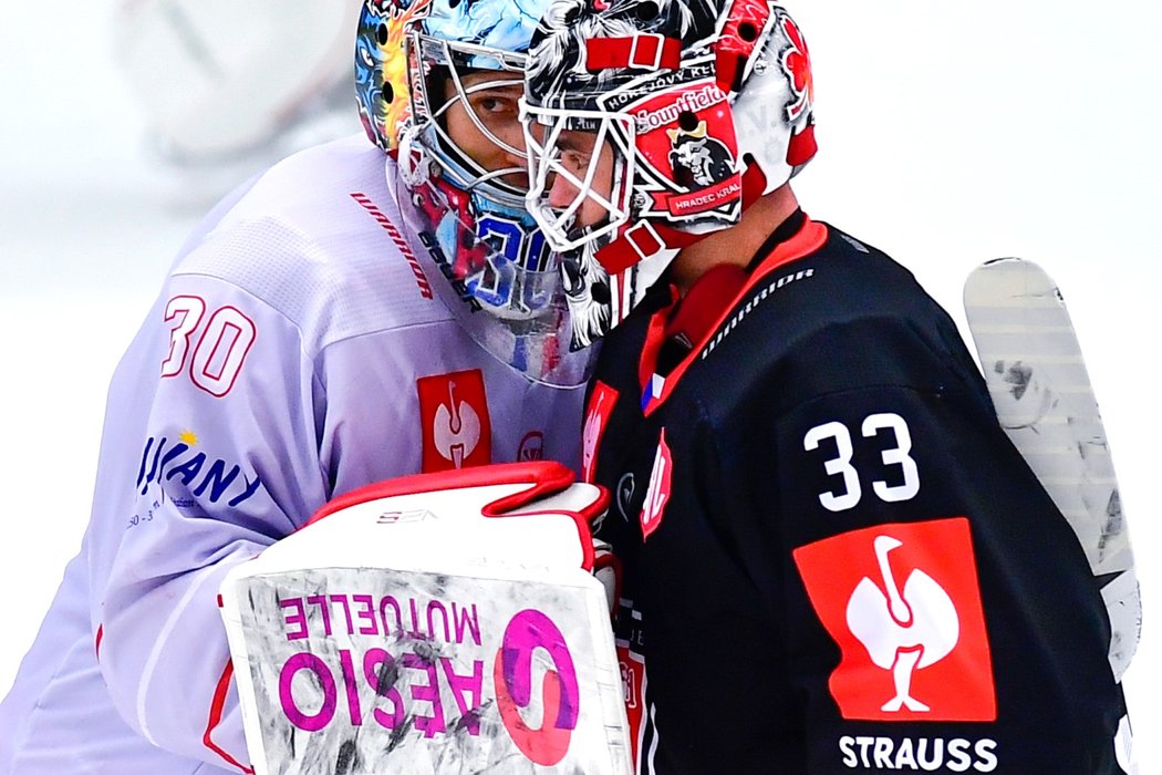 Čeští brankáři Jan Růžička (vpravo) a Jakub Štěpánek se potkali v rámci duelu hokejové CHL