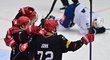 Oslava hradeckých hokejistů po vstřelené brance ve čtvrtfinále