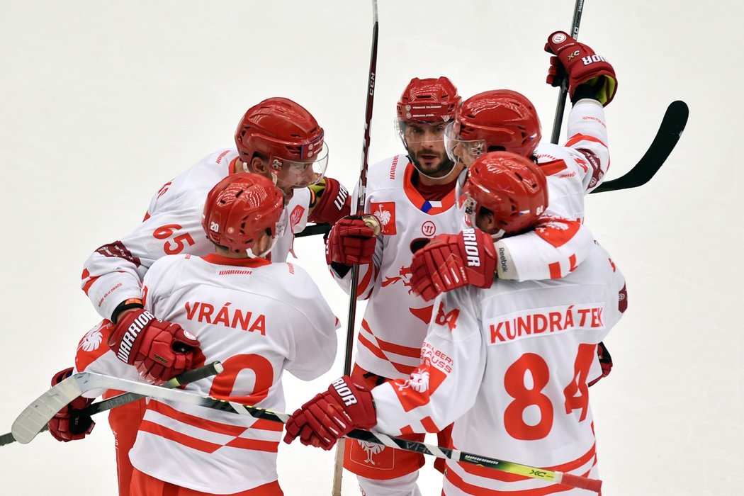 Radost třineckých hokejistů v utkání Ligy mistrů proti Lahti