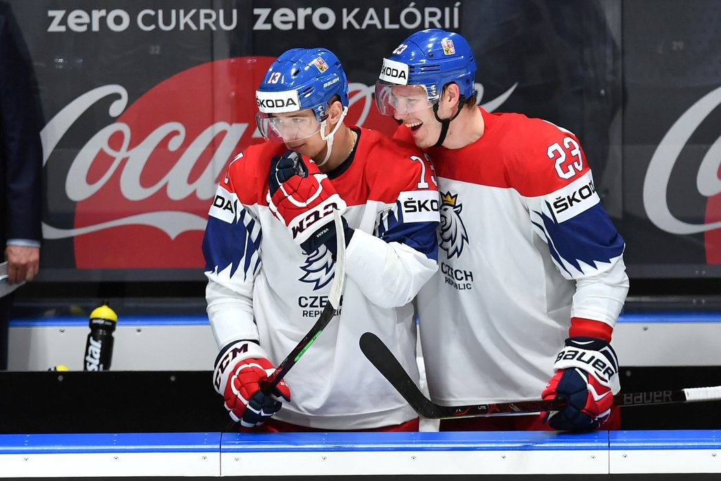 Jakub Vrána (vlevo) a Dmitrij Jaškin (vpravo) během utkání Česka se Švédskem