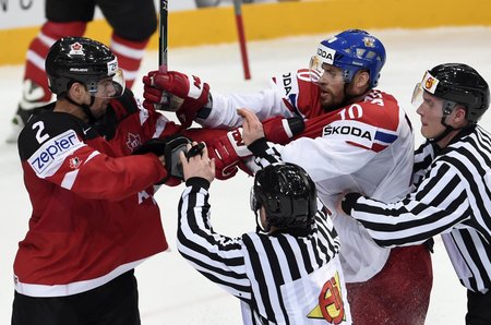 Radek Smoleňák se pošťuchuje s Kanaďanem Danem Hamhuisem