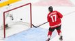 Kanaďan McMichael uklízí puk do prázdné branky v zápase s českým týmem