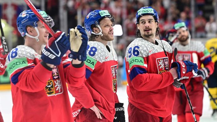 Ondřej Palát, David Pastrňák a David Tomášek po postupu české reprezentace do finále MS
