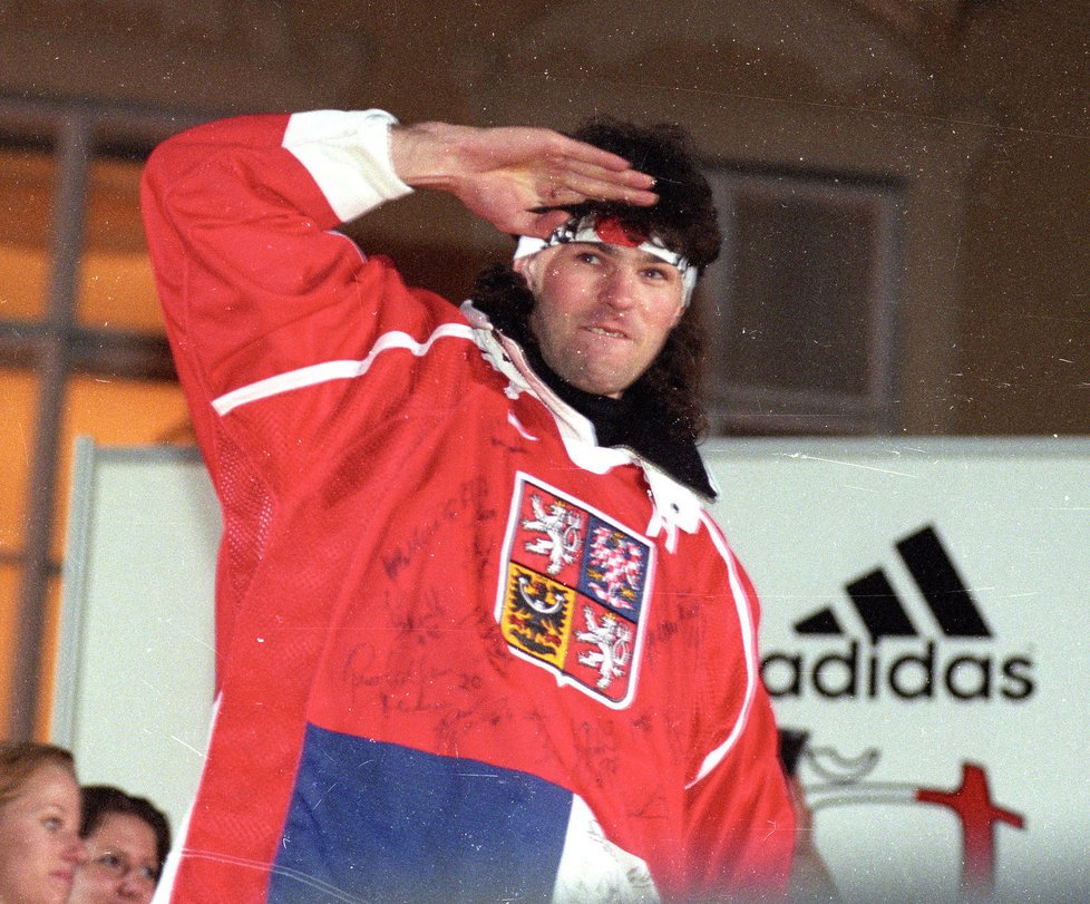 From archives: Jaromir Jagr  and his trademark. Jagr salutes after return from Winter Olympics in Nagano 1998