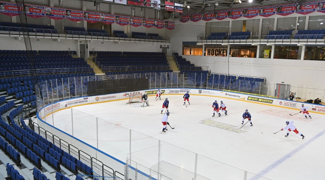 Trénink českých hokejistů v hale CSKA Moskva