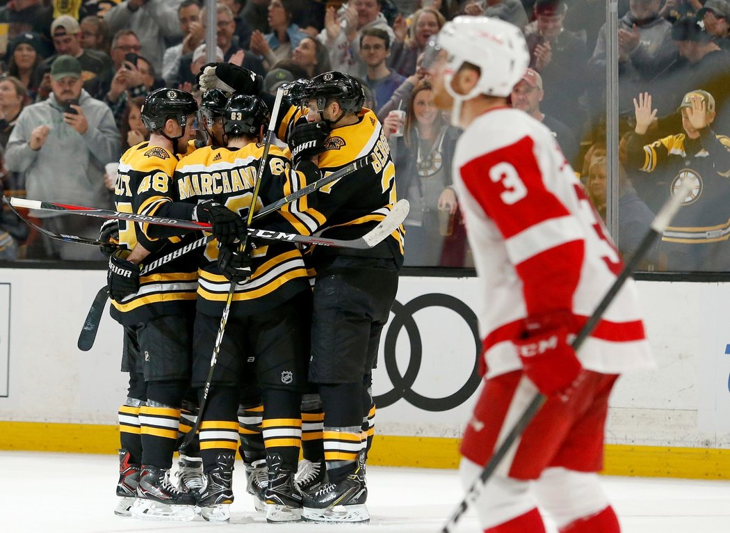 Boston Bruins se radují ze vstřelené branky