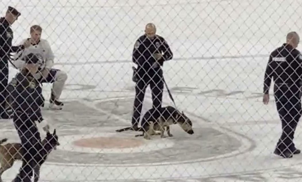Policejní pes kálí na logo Philadelphia Flyers