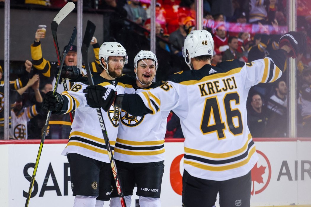 Boston Bruins se radují z gólu českého útočníka Pavla Zachy (vlevo)