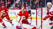 Daniel Vladař v brance Calgary Flames si musí dávat pozor i na číhajícího Dominika Kubalíka (vpravo) z Detroitu