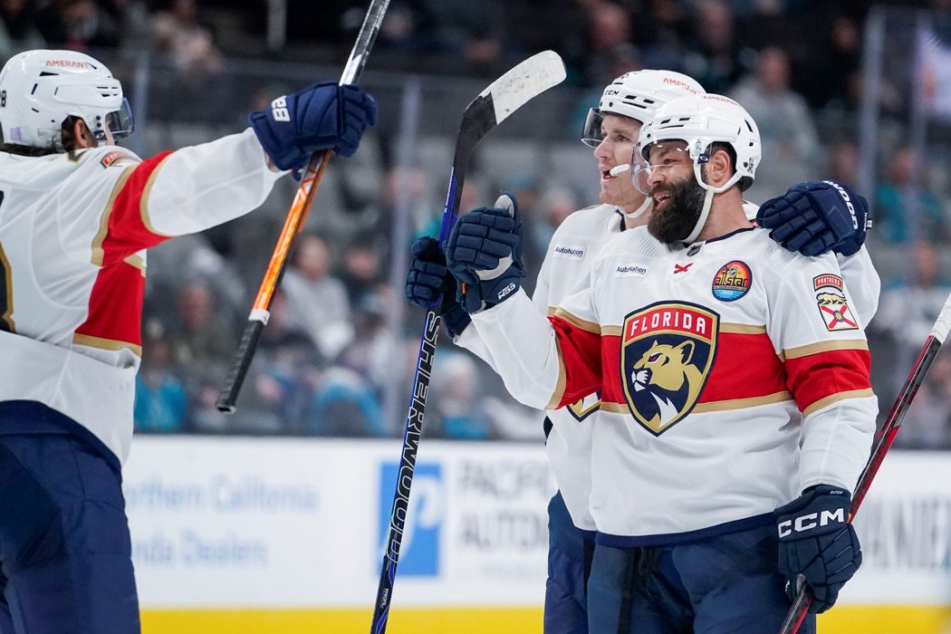 Český bek Radko Gudas slaví výhru společně s parťáky z Floridy