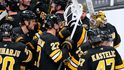 Boston Bruins oslavují vítězství poté, co David Pastrňák překonal hranici 400 gólů v NHL