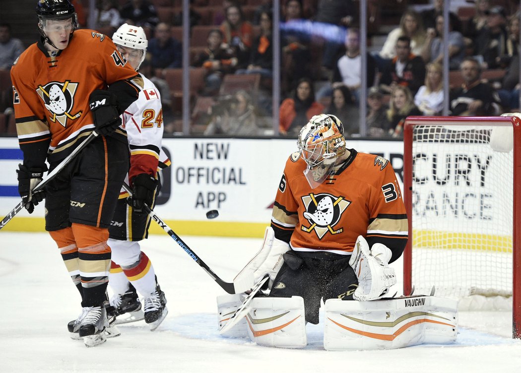 Jiří Hudler se před bránou Ducks šikovně schovává