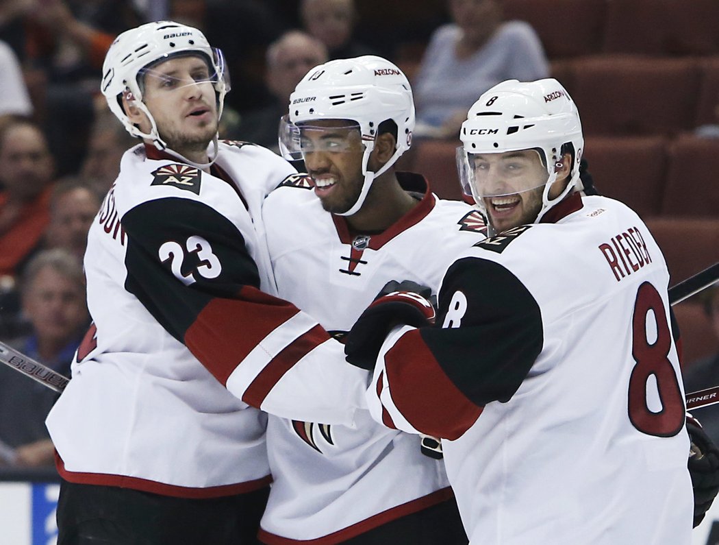 Nováček Anthony Duclair (uprostřed) sejmul Anaheim hattrickem.