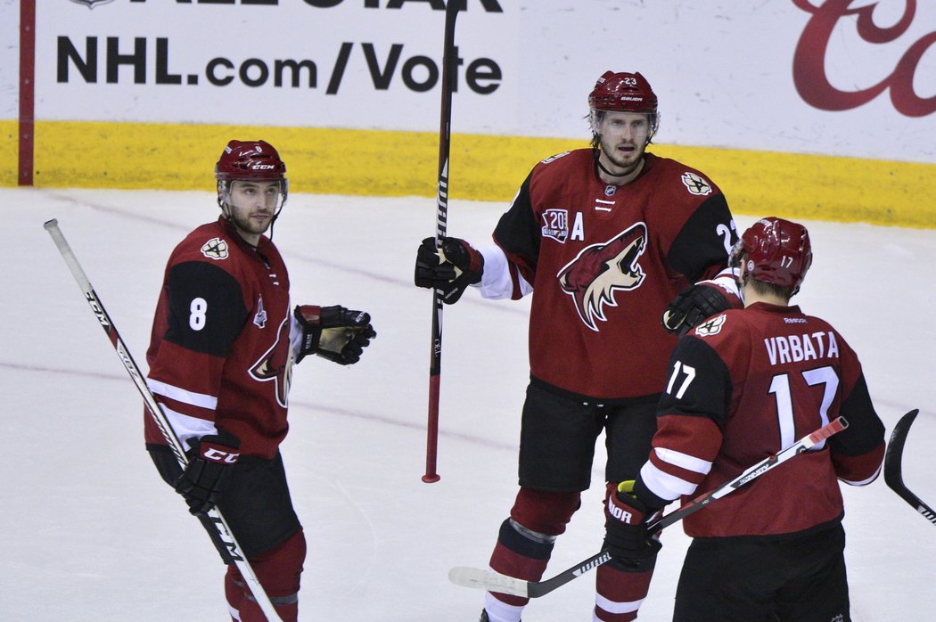 Radim Vrbata (vpravo) ještě neví, že jeho střelu tečoval do branky Edmontonu Martin Hanzal