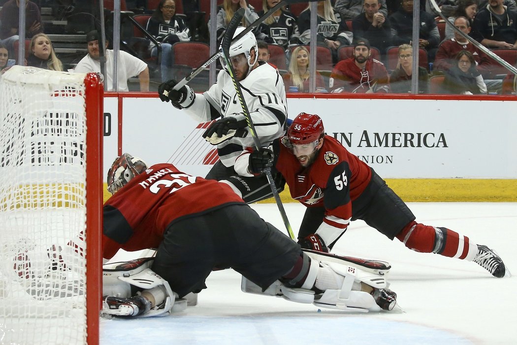 Antti Raanta se snaží zasáhout dříve, než se k puku dostane Anže Kopitar