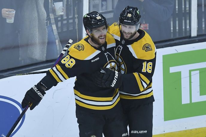 David Pastrňák a Pavel Zacha slaví gól Bostonu David Pastrňák a Pavel Zacha slaví gól Bostonu