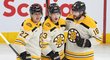 Hampus Lindholm, Danton Heinen a Pavel Zacha se radují z gólu Bruins