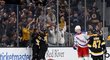 Bostonští hokejisté se radují z trefy Davida Pastrňáka, který proti Rangers zaznamenal už 24. gól v sezoně