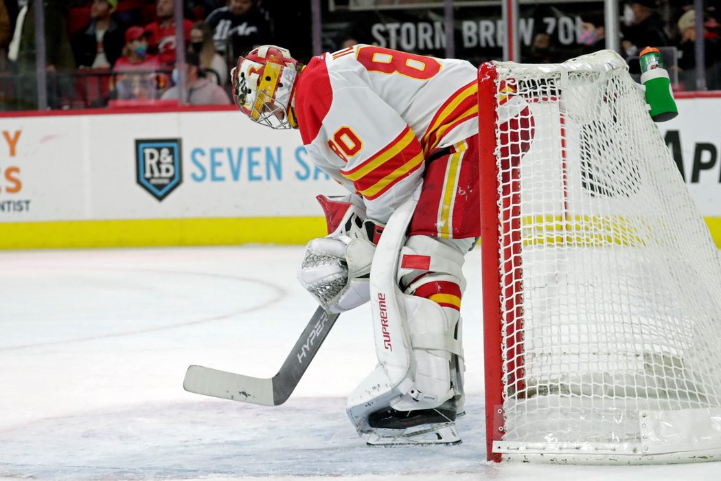 Český hokejový brankář Daniel Vladař jednatřiceti zásahy neodvrátil prohru Calgary 3:6 na ledě Caroliny.