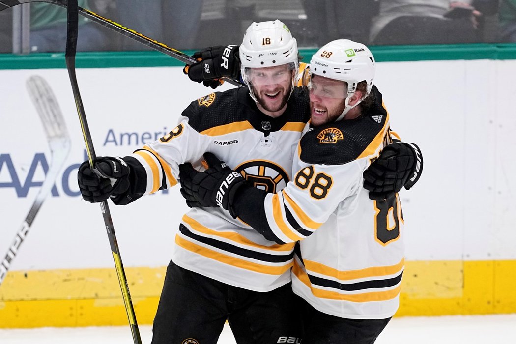 Čeští útočníci Pavel Zacha (vlevo) a David Pastrňák oslavují gól v barvách Boston Bruins