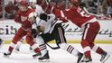 Martin Havlát (Chicago) je atakován Niklasem Kronwallem z Detroitu.