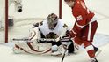 Jiří Hudler (Detroit) před gólmanem Chicaga Nikolajem Chabibulinem.