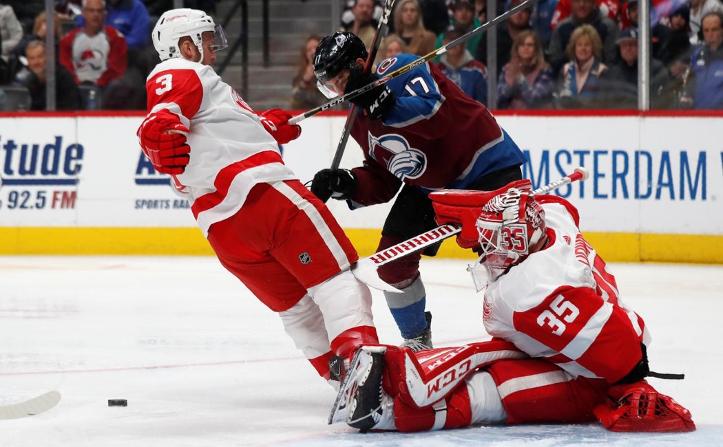 Jimmy Howard při jednom ze zákroků v zápase Detroitu s Coloradem