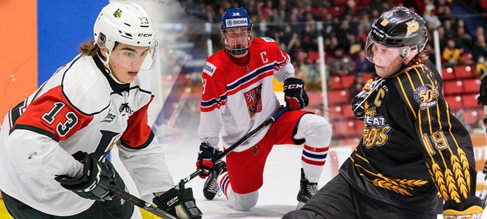 První místo letošního vstupního draftu NHL zaujme buď Kanaďan Nolan Patrick (vpravo) nebo Švýcar Nico Hischier (vlevo), u českého útočníka Martina Nečase se předpokládá, že bude vybrán v první desítce