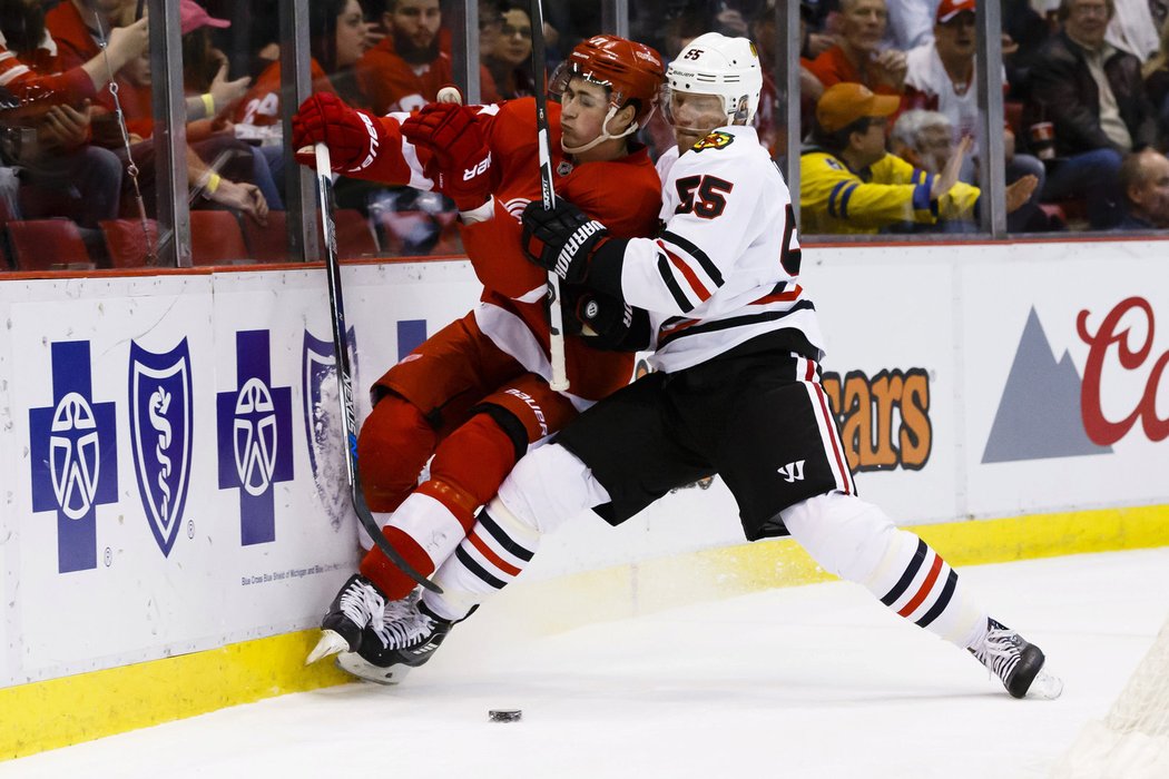 Dylan Larkin (USA) - Jeden z nejlepších nováčků letošního ročníku NHL je kvalitní střelec. V počtu střel na bránu skončil mezi zelenáči druhý. Na snímku vlevo v souboji s Němcem Ehrhoffem.