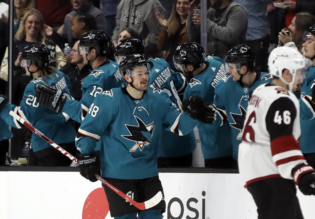 Tomáš Hertl vstřelil obě branky San Jose, které doma podlehlo Arizoně 2:3.