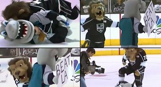 Rvačka maskotů v NHL. Lev z LA srazil k ledu žraloka ze San Jose