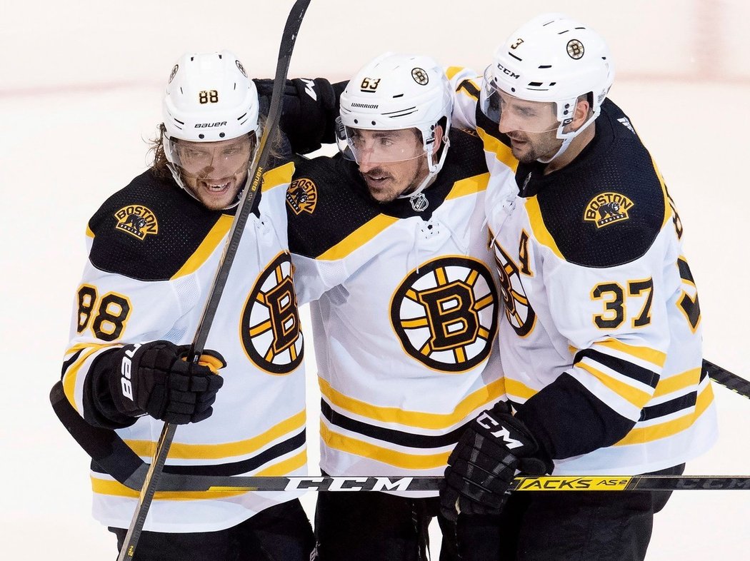 &#34;Perfection line&#34; aneb nejlepší útok NHL za posledních pět let, zleva David Pastrňák, Brad Marchand a Patrice Bergeron