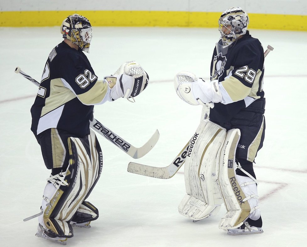 Střídání stráží. Český brankář Tomáš Vokoun byl bostonskou kanonádou vyhnán z branky a nahradil ho Marc-André Fleury