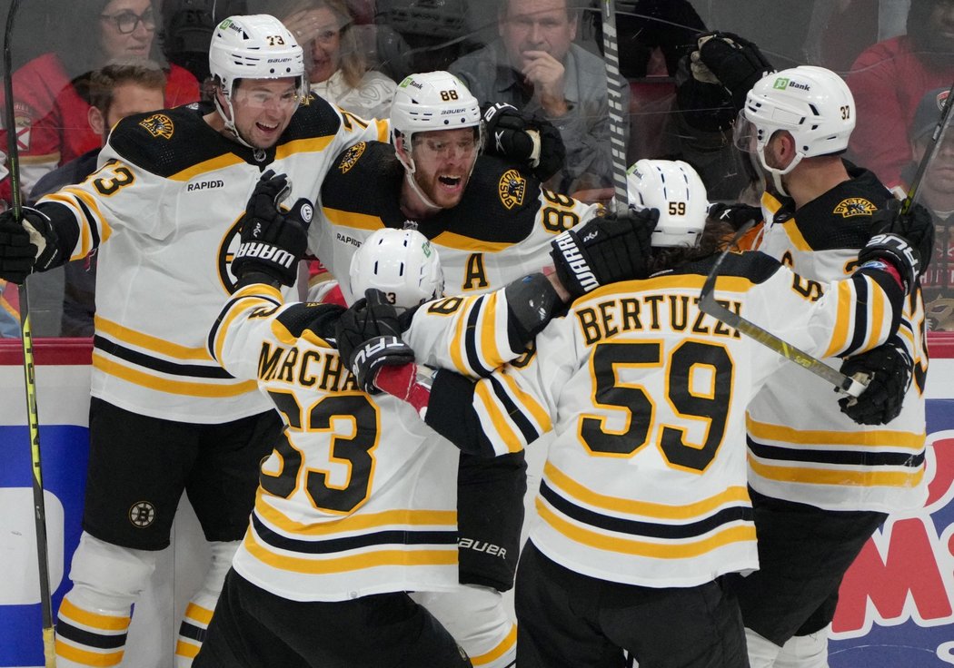 Hokejisté Bostonu se radují z gólu Davida Pastrňáka