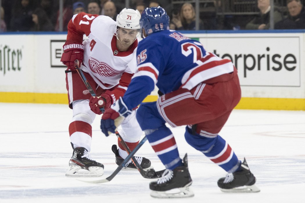 Dylan Larkin se snaží najít cestu kolem Libora Hájka