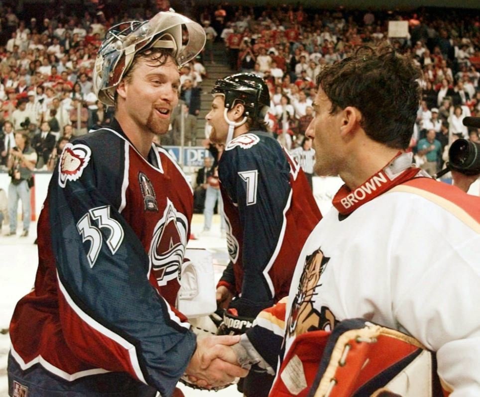 Brankář Patrick Roy v dresu Colorada vychytal dva Stanley Cupy