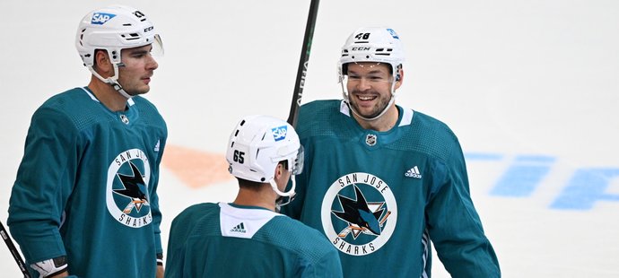 Tomáš Hertl se spoluhráči na tréninku v O2 areně