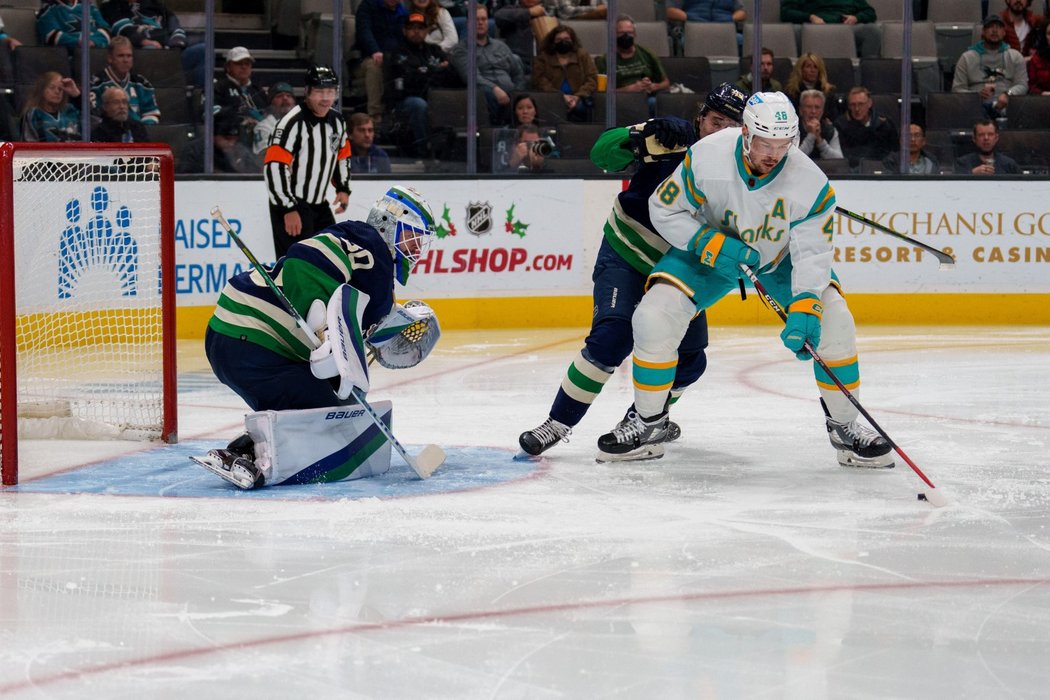 Tomáš Hertl se snaží prosadit před vancouverským brankářem Spencerem Martinem