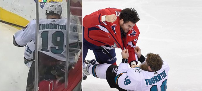 Joe Thornton nejdříve fauloval Oshieho, pak se popral s Wilsonem