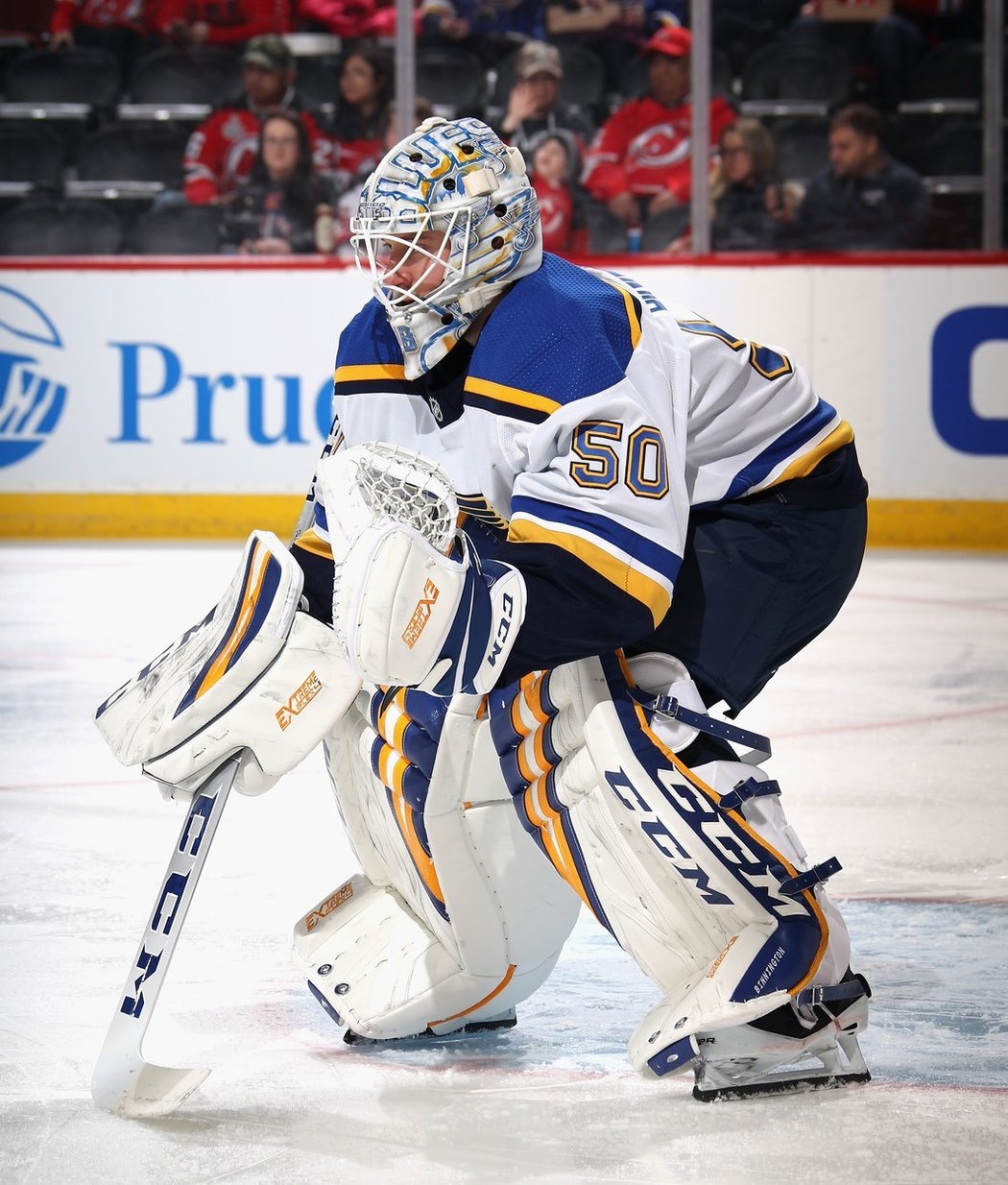 Jordan Binnington v dresu St. Louis, se kterým vyhrál v roce 2019 Stanley Cup.