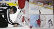 Český čárový rozhodčí Libor Suchánek vyndává puk z brusle Cama Warda krátce poté, co si brankář Caroliny vstřelil možná nejkurióznější vlastenec v historii NHL