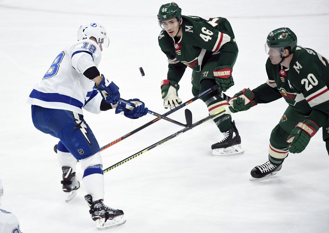 Na Ondřeje Paláta jsou připravení obránci Minnesoty Jared Spurgeon (46) a Ryan Suter (20)