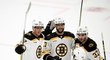 Bostonští hokejisté včetně Jakuba Zbořila a Davida Pastrňáka se radují z trefy Hampuse Lindholma