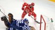 Obránce Toronta Carl Gunnarsson se snaží zabránit cestě puku do sítě během Winter Classic, kde se utkalo Toronto s hokejisty Detroitu
