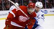 Andreas Athanasiou z Detroitu a Brooks Laich v souboji o puk